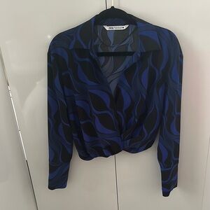 Zara Blue and Black Wrap Blouse with Notched Collar